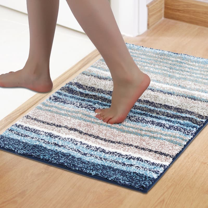 Striped Bathroom Mat Soft Absorbent Non-Slip Backing Quick Dry Bath Rugs Home Gifts - Blue - 20" x 32"