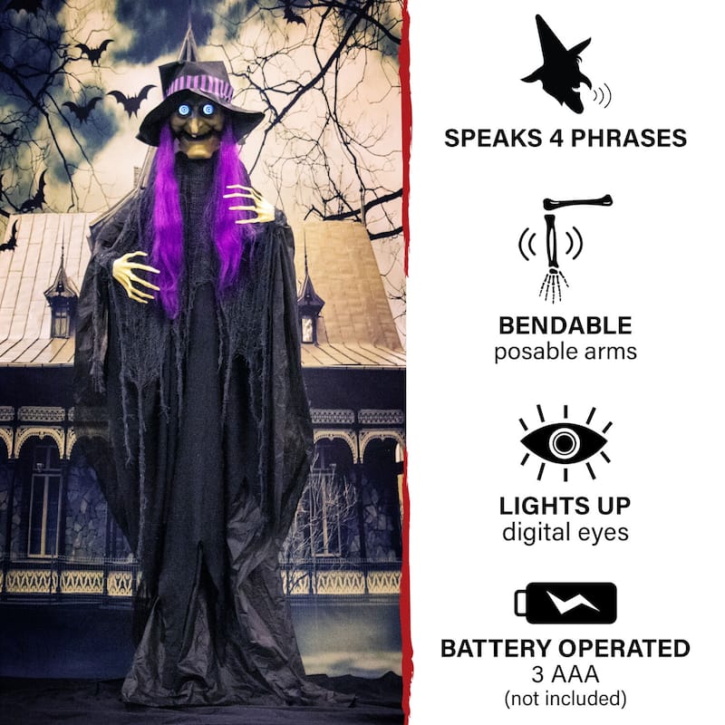 Haunted Hill Farm 6-Ft. Belladonna the Purple-Haired Witch with Animated Eyes, Indoor or Covered Outdoor Decoration