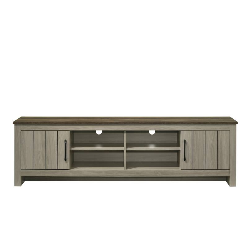 Nyla 68.5"W Gray Oak TV Stand with Shelves and Cabinet Doors
