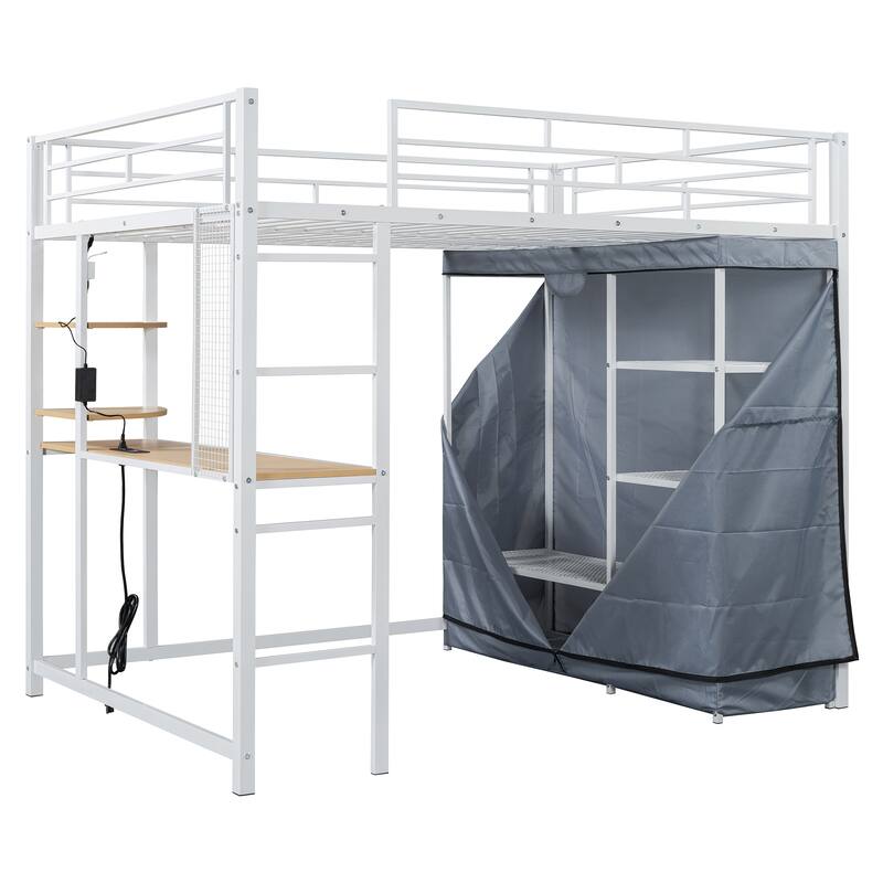 Space-Saving Full Size Loft Bed with Built-in Desk, Wardrobe, Power Outlet & LED Lighting