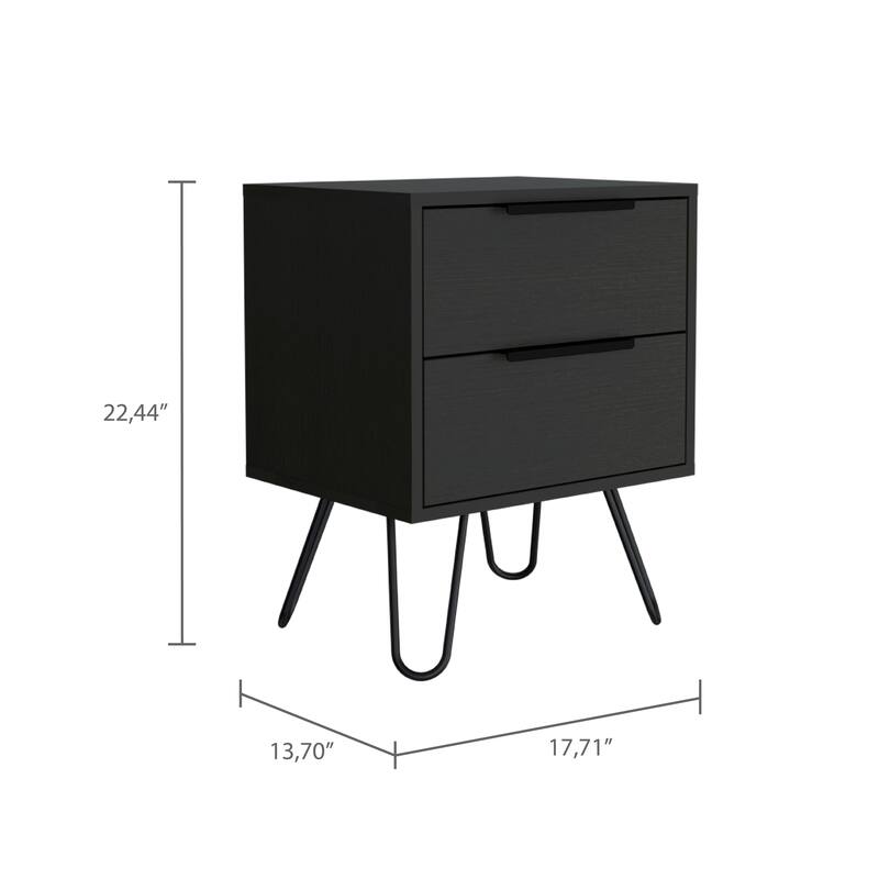 Modern Black Wengue Nightstand, 2 Drawers with Hairpin Legs, Compact and Stylish Design, 13.7"x17.71"x22.44"