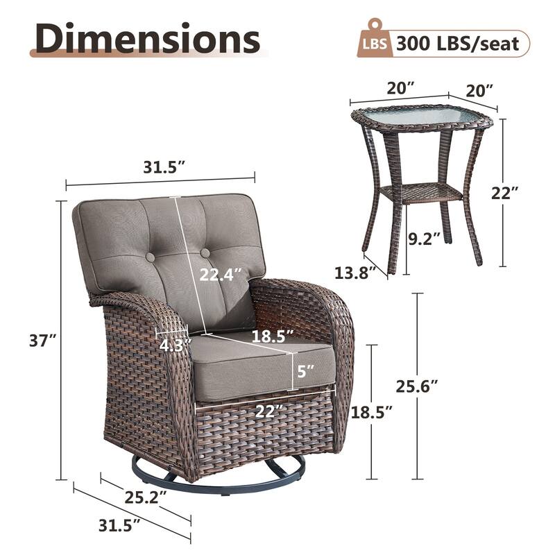TWrap Brown Wicker Patio 3-Piece Swivel Gliders Conversation Set with 5-Inch Thick Cushions