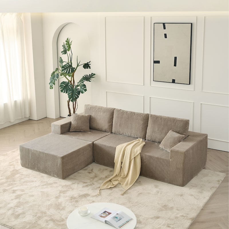 Corduroy Fabric 3 Seater Sectional Sofa with Ottoman Chaise Transforms Into Sleeper Sofa Bed, Modular Flexible Cloud Sofa Set - Camel