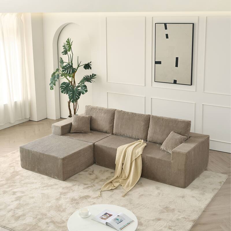Modular L Shaped Sectional Sofa with Ottoman, Corduroy Boneless Cloud Sofa, 3 Seater Upholstered Sofa with 2 Pillows