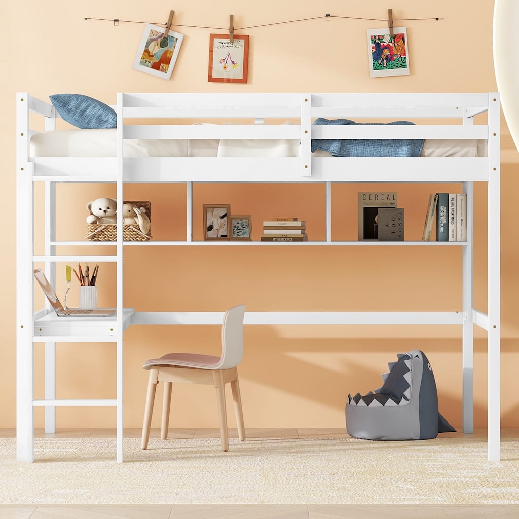 Twin Loft Bed with Desk, Shelves, Safety Guardrail, and Ladder, White