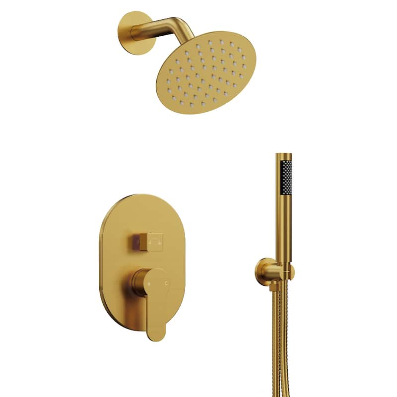 GRANDJOY Dual Shower Kit with Round Rainfall Head and Hand Shower, Lever Control Valve - Brushed Gold