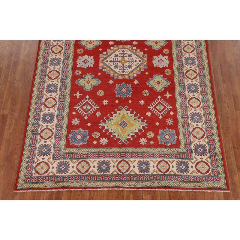 Geometric Red Kazak Oriental Area Rug Handmade Wool Carpet - 6'8" x 9'9"