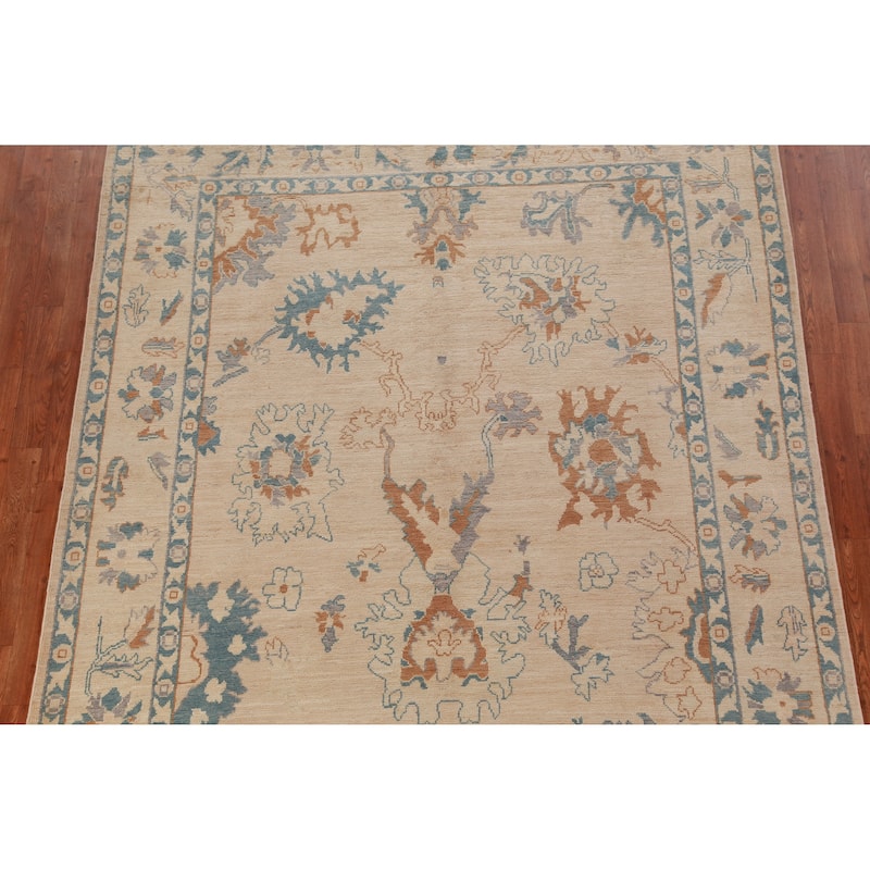 Hand Knotted Oriental 100% Wool Carpet Transitional All-Over Beige & Ivories Oushak Area Rug - 8' 5'' X 6' 6''
