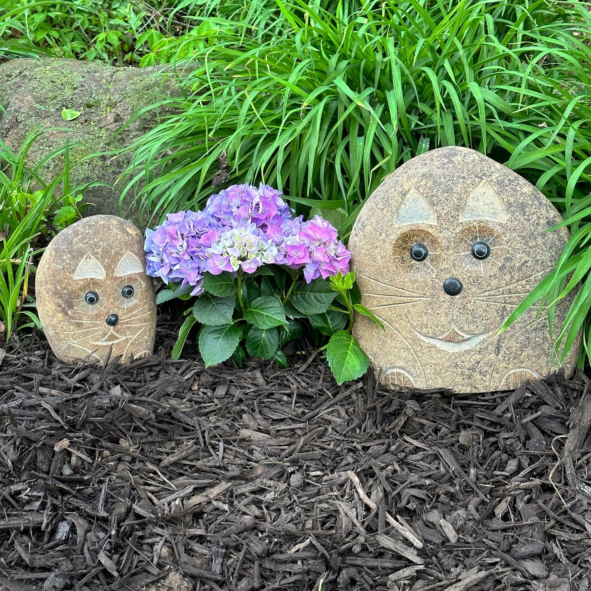 Natural Granite Boulder Animal Statues - 2 Piece Mom & Dad Set - Angry Bird, Cat, Dog, Owl, Hedgehog or Turtle - 8"&12"H