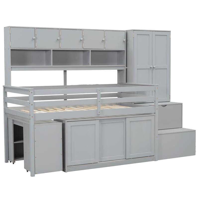 Gray Twin Size Wooden Loft Bed with Integrated Wardrobe, Under-bed Desk, Drawers, with Shelves