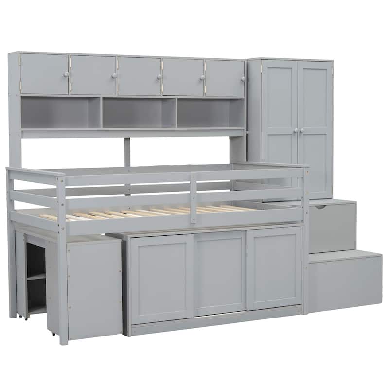 Gray Twin Size Wooden Loft Bed with Integrated Wardrobe, Under-bed Desk, and Shelves