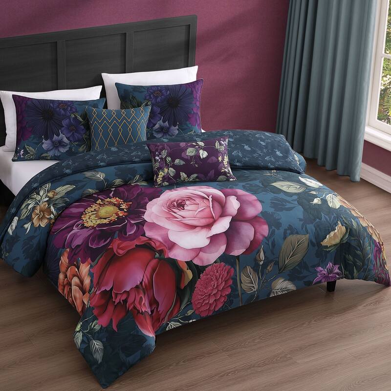Bebejan Vibrant Flora 100% Cotton Sateen 5 Piece Reversible Comforter Set