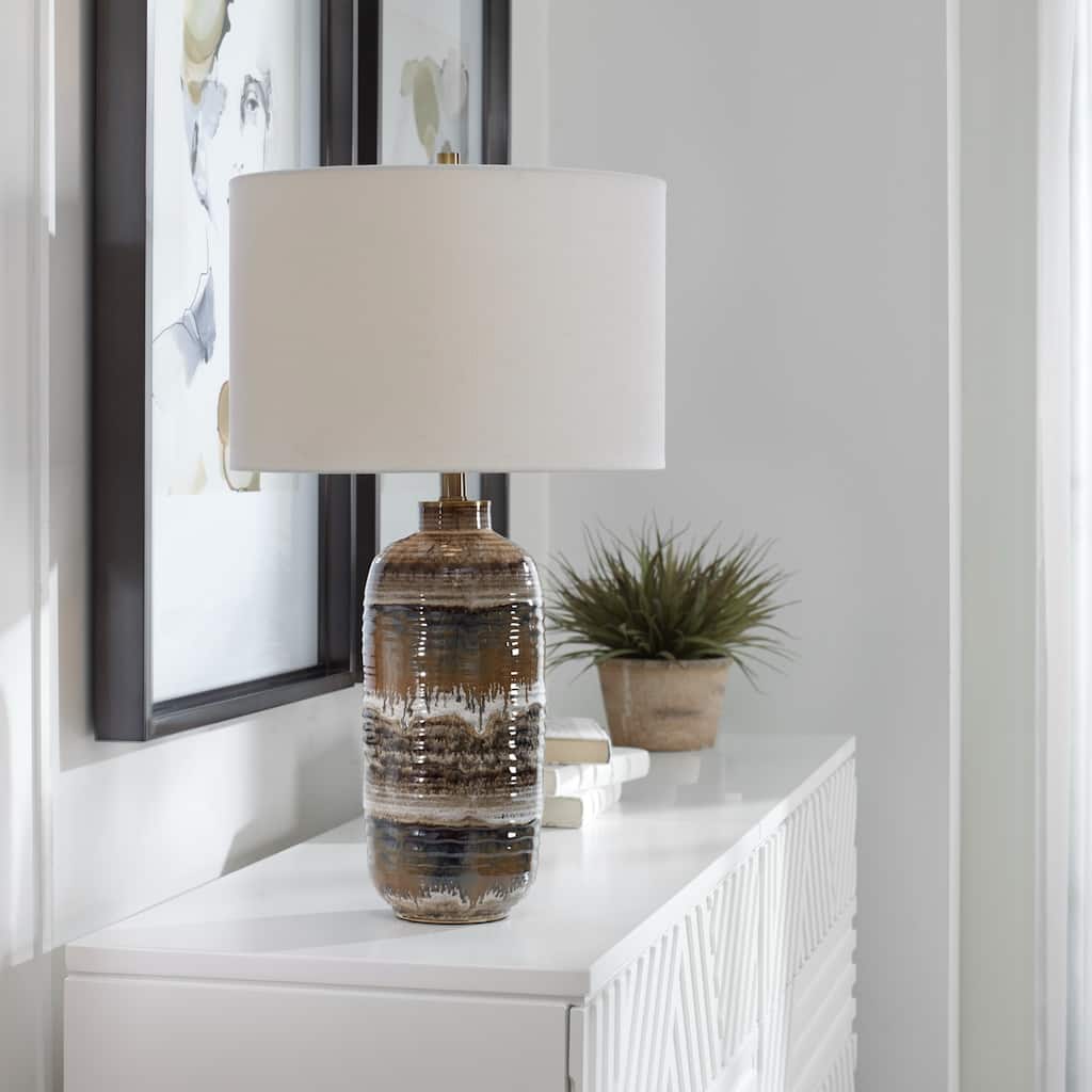 Glazed Ceramic Table Lamp with Drum Shade - 26.5" - Brown and White