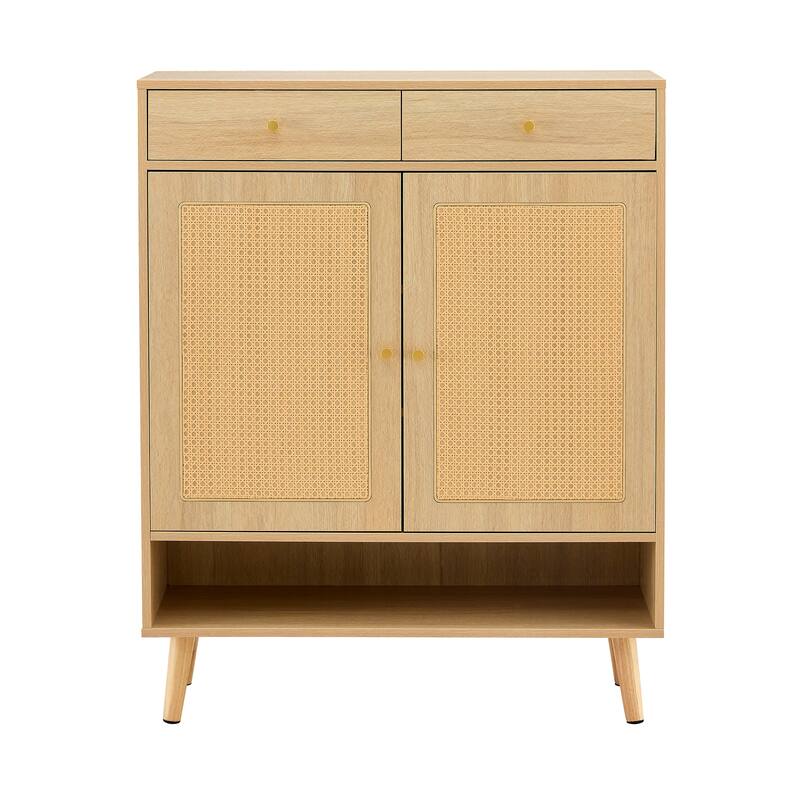 Rattan Weaving Shoe Cabinet, Multi-Functional Shoe Rack Organizer, Sideboard Buffet with Top Drawers & Lower Cabinet Doors