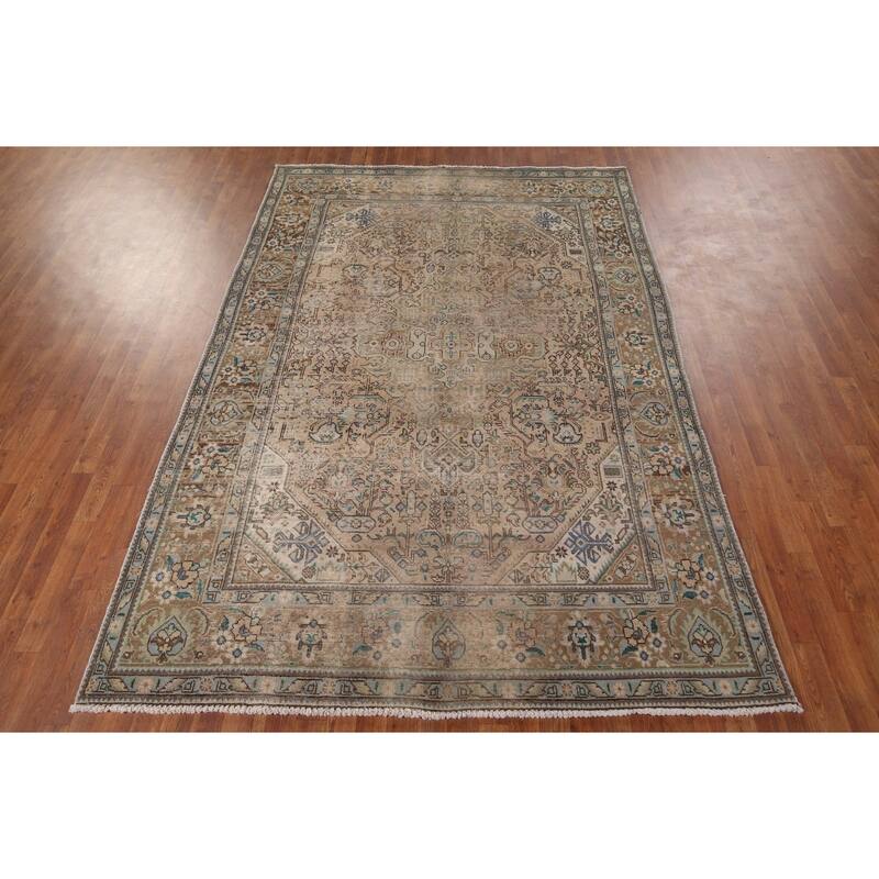 Distressed Tabriz Vintage Persian Rug Hand-Knotted Peach Wool Carpet - 6'7" x 9'8"