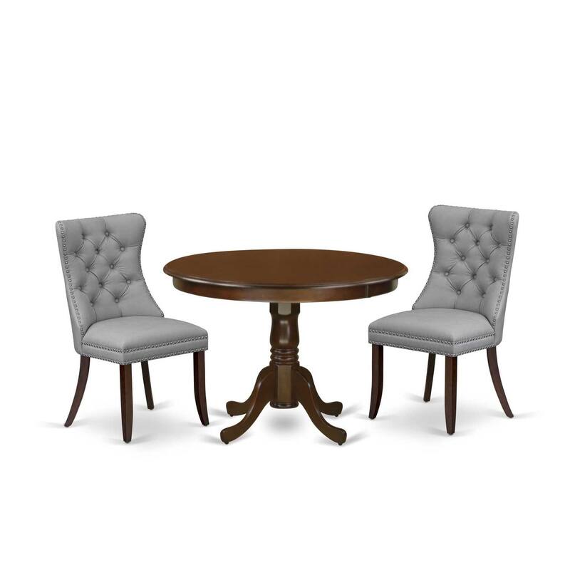 3-Piece Mahogany Finish Solid Wood Top-Round Upholstered Dining Room Set-Seats 4