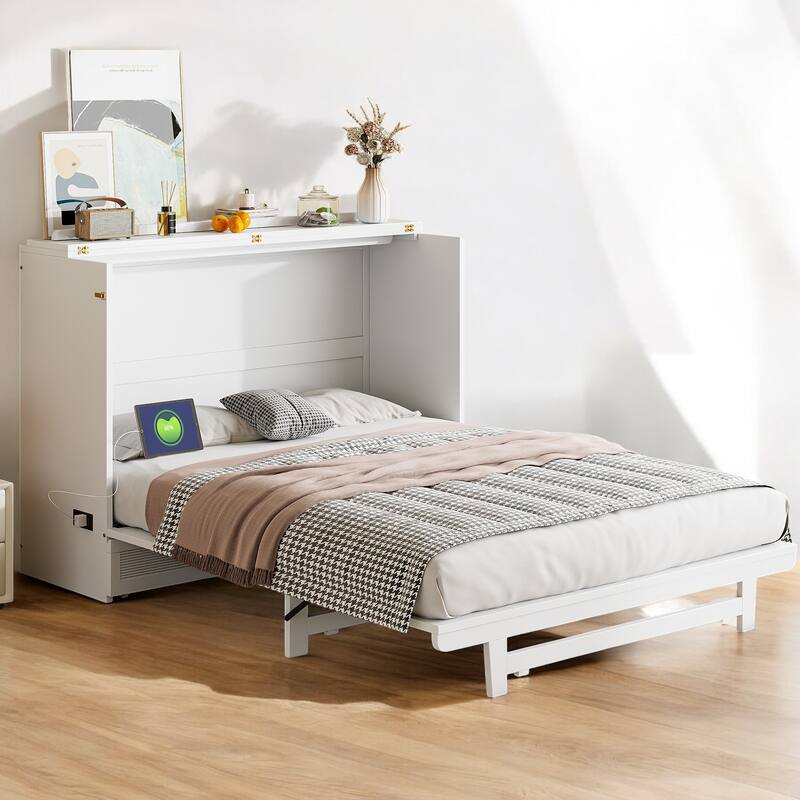 Full/Queen Size Murphy Bed Cabinet with USB Charging Ports, Power Outlets and Large Storage Drawer
