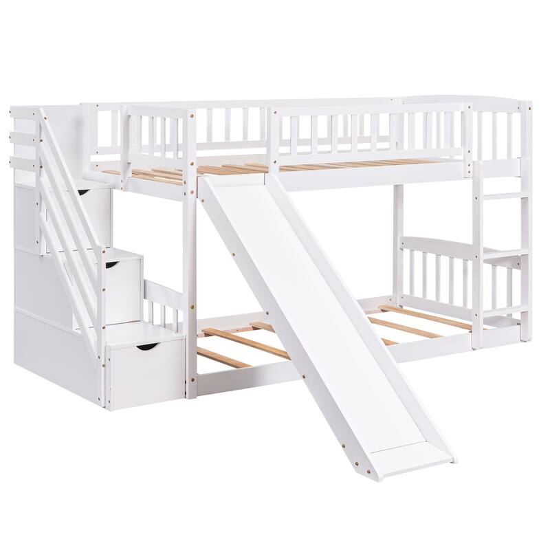 Twin over Twin Bunk Bed with Drawers, Slide and Stairs, White - No Box Spring Needed