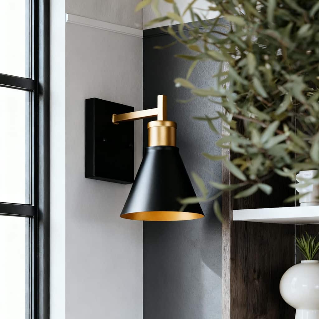 Reuel 1-Light Modern Industrial Black Gold Wall Sconce Metal Bathroom Vanity Lights - L5.5" x W7.5" x H8.5"