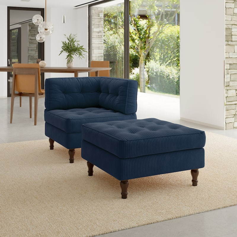 Corduroy Tufted Accent Chair Armchair and Ottoman Set - Navy