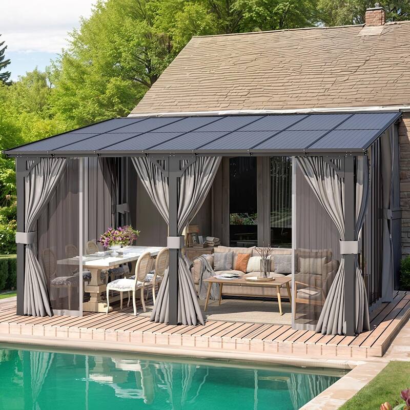 AECOJOY Gazebo for Patio, Small Wall-Mounted Lean to Pergola 8x8 Gazebo with Curtains and Netting, Hard Top Gazebo on Clearance