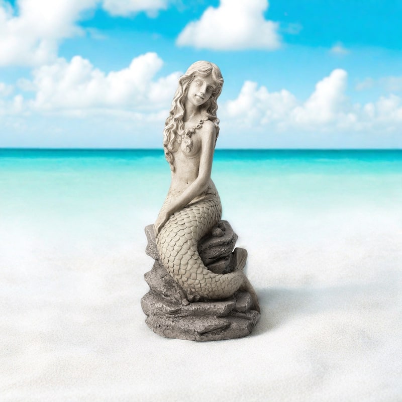 Glitzhome 20"H MGO Concrete Mermaid On Rocks Coastal Sculpture Poolside Garden Statue