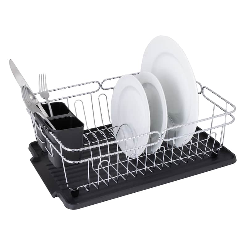 Kitchen Details Twisted Chrome 3 Piece Dish Rack in Black - 16.5" x 12.5" x 5.5"