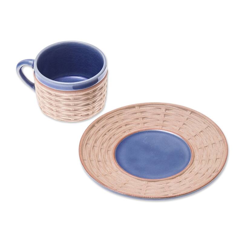 Novica Handmade Wicker In Blue Ceramic Cup And Saucer