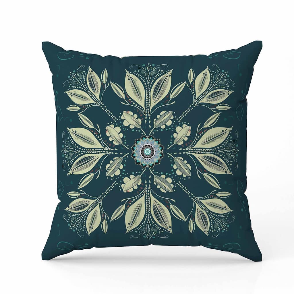 Leaf & Wing Whispers Indoor/Outdoor Reversible Throw Pillow Indigo and Cream