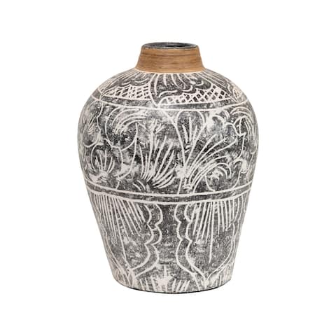 Hand-Painted Terra-cotta Vase with Banana Leaf Rim, Black & White, Truck Ship (Each One Will Vary)