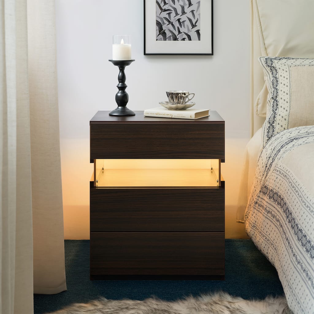 LED Nightstands 3 Drawer Dresser for Bedroom End Table with Acrylic Board LED Bedside Tables