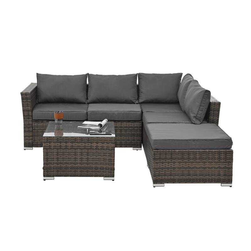 GDFStudio - Elegant 4-Piece Outdoor PE Wicker Patio Set with Tempered Glass Coffee Table