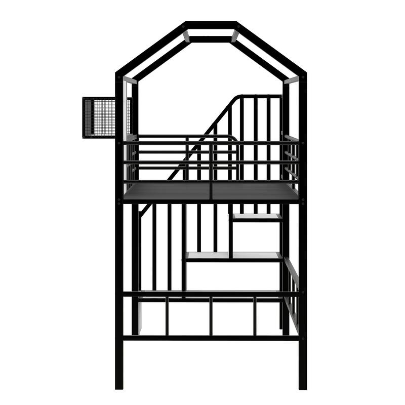 Metal Loft Bed for Kids with Roof Design, Storage Box, and Guardrails - Twin Size, Perfect for Small Spaces