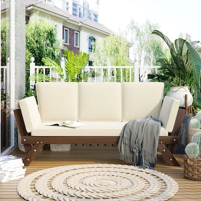 Outdoor Adjustable Patio Wooden Daybed Sofa Chaise Lounge with Cushions for Small Places