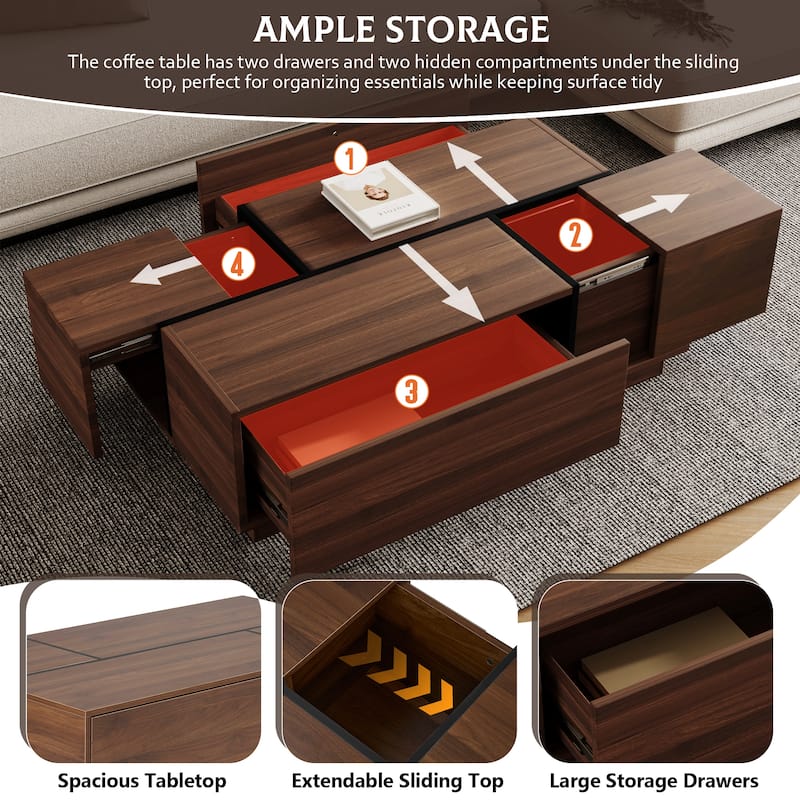 47.2" Coffee Table with Sliding Top & Hidden Storage