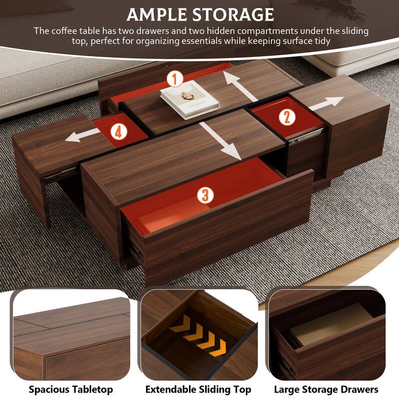 47.2" MDF Coffee Table with Sliding Top and Hidden Storage for Living Room