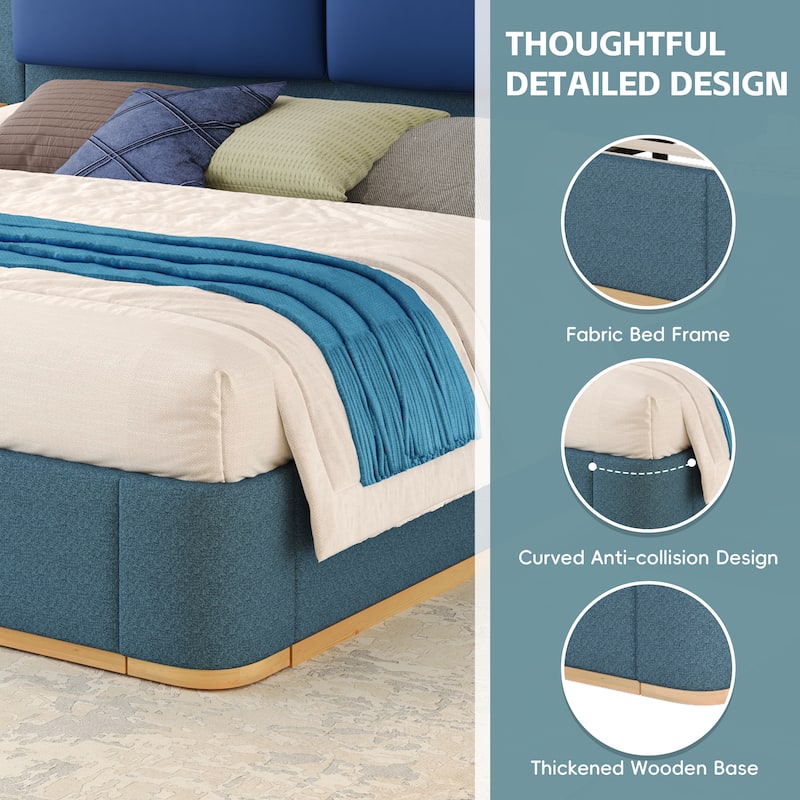 Roomfitters Queen Size Upholstered Platform Bed Frame, Modern Panel Headboard with Rounded Corners, Solid Wood Slats