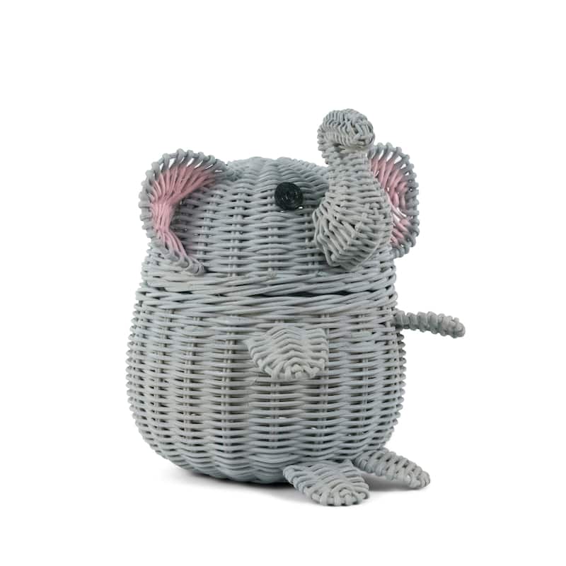Gray Elephant Rattan Storage Basket With Lid Hand Woven Shelf Organizer Cute Handmade Gift Wicker