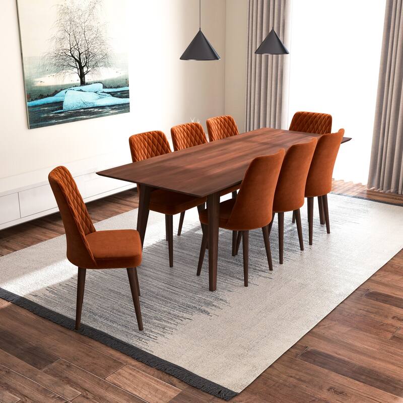 Adem Mid Century Modern 9 Piece Comfy Dining Room Set in Orange