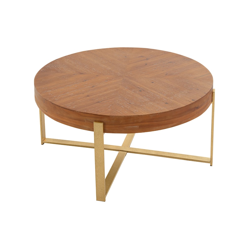 Modern Retro Splicing Round Coffee Table, Fir Wood Top with Cross Legs