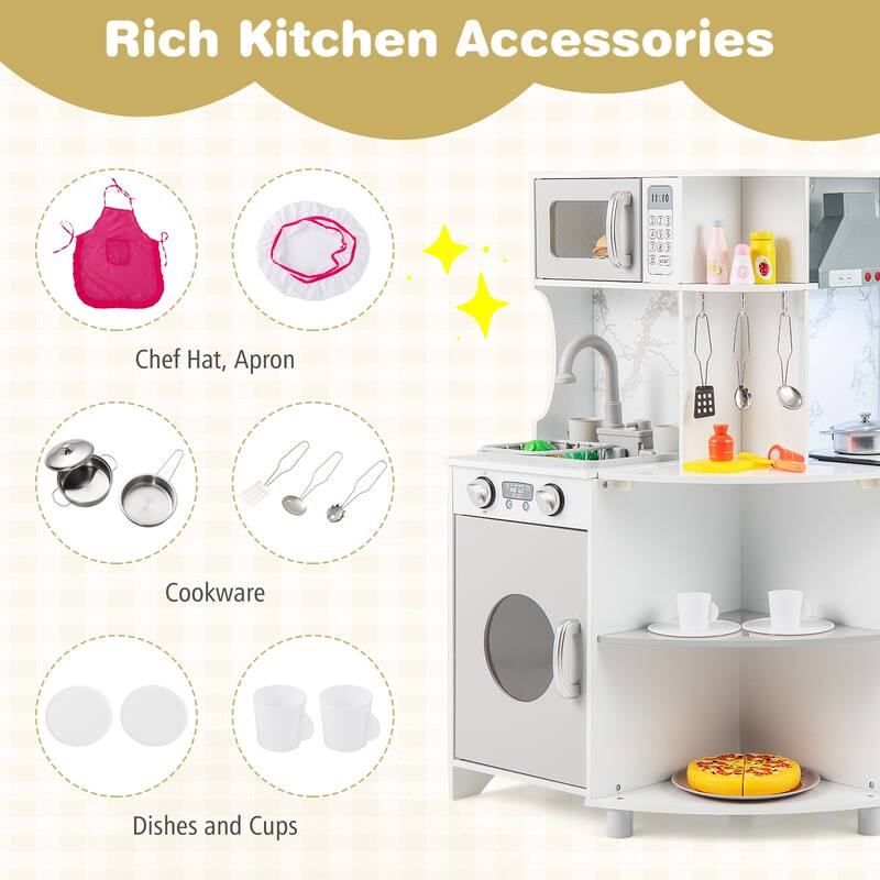 Gymax Corner Wooden Play Kitchen Kids Kitchen Playset w/ Microwave