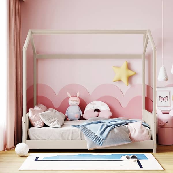 slide 2 of 16, Elegant Design Full Size House Bed with Wooden Frame Beige