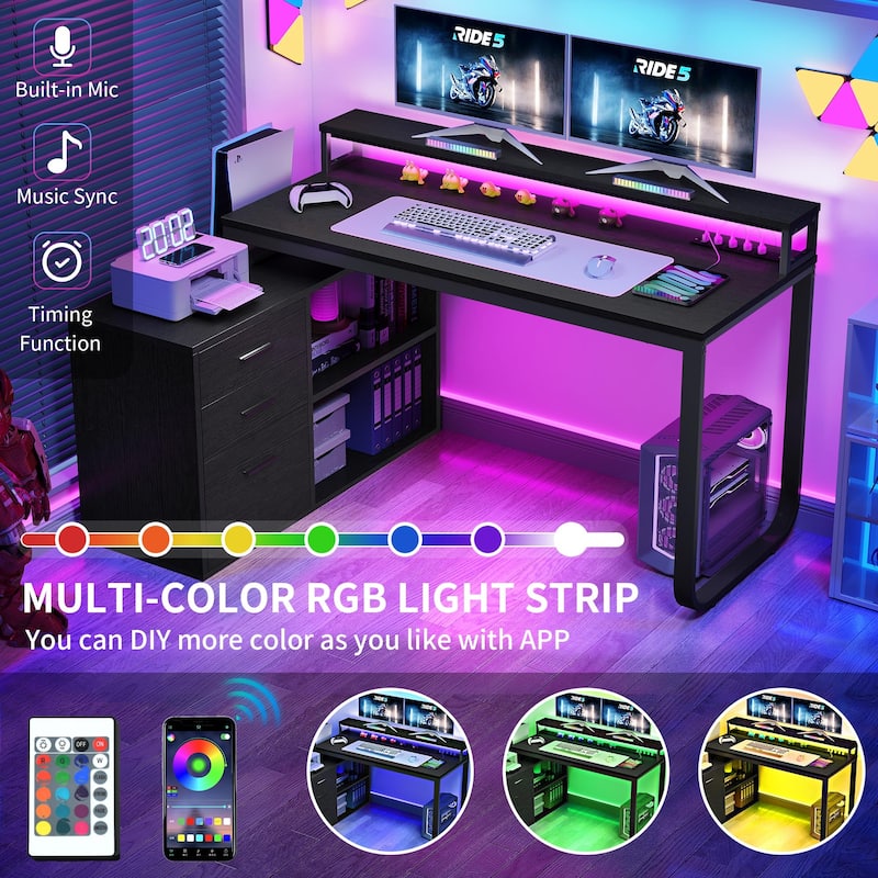 55 Inch L-shaped Gaming Desk with Power Outlets and LED Lights Computer Corner Desk with File Cabinet Monitor Stand