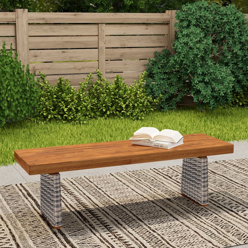 Roomfitters Outdoor Acacia Wood Bench with Wicker Legs, Weather-Resistant Patio Seating - Grey,Teak