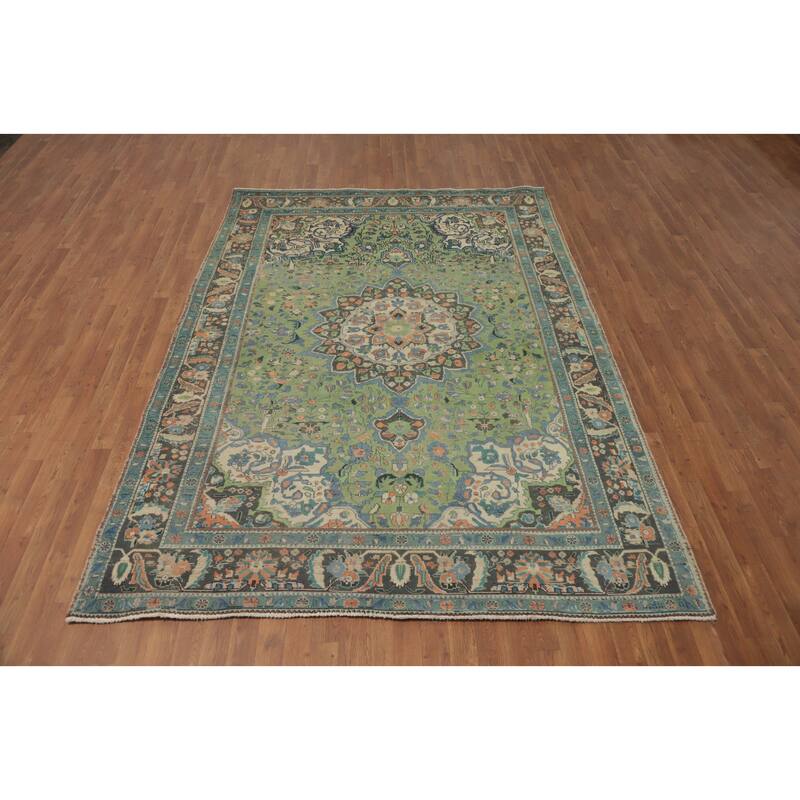 Hand Knotted Oriental 100% Wool Carpet Traditional Floral Green Tabriz Area Rug - 9' 2'' X 6' 7''