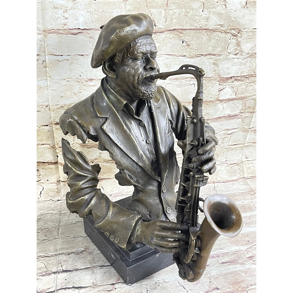 Bronze Sculpture Statue Of African American Black Jazz Saxophone Musician, Signed