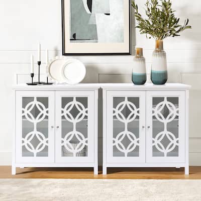 White Pine Wood 35.8" Wide Sideboard Cabinet with Glass Doors (Set of 2)