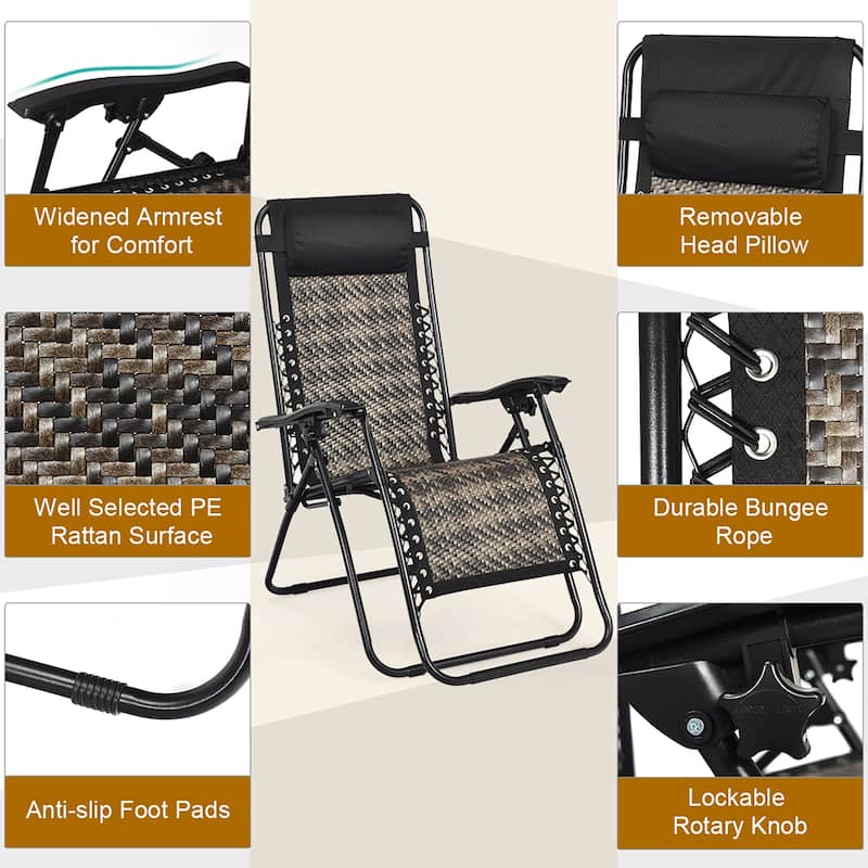 Costway 2PCS Patio Rattan Zero Gravity Lounge Chair Folding Recliner