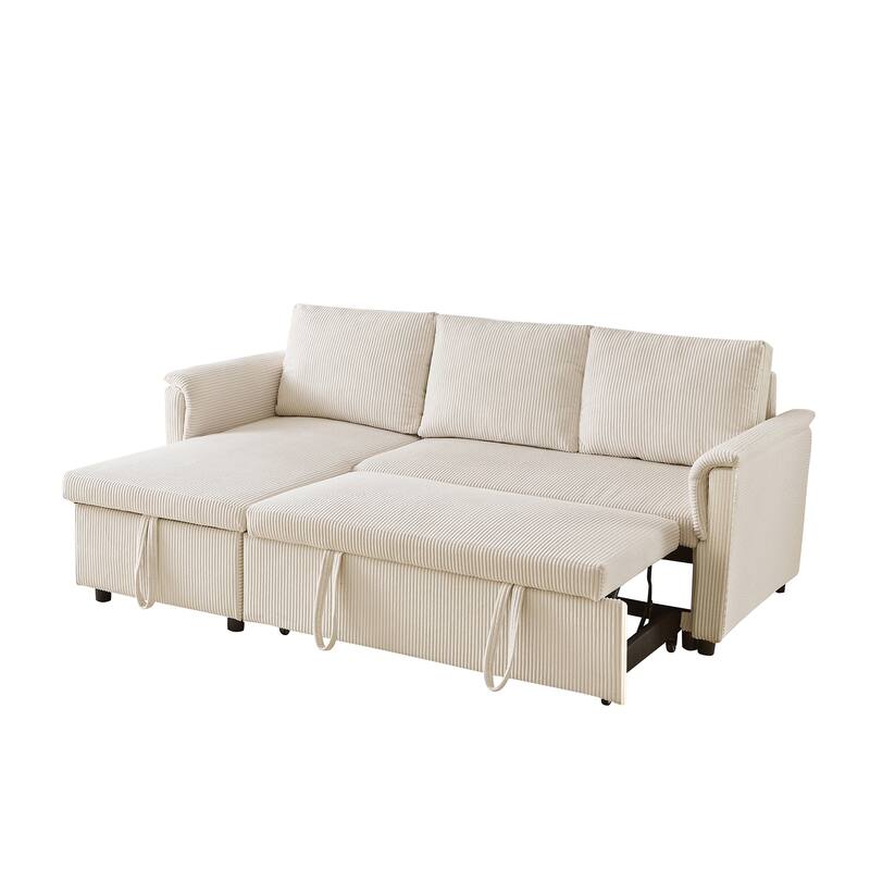 Corduroy L-Shape Sofa Convertible Sofa with Pull Out Sleep Bed