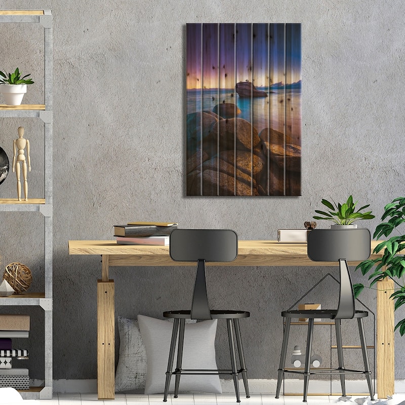 Bonsai Rock at sunset, Lake Tahoe, Nevada, USA Print On Wood by Russ Bishop - Multi-Color